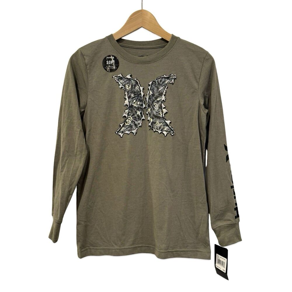 Boys Hurley Logo T-Shirt Long Sleeve Boys L Soft Cotton Green Army Heather NWT